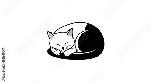 Minimalist sleeping cat illustration, adorable monochromatic feline curled up peacefully on white