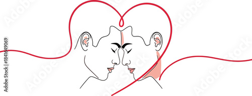 Minimalist line art illustration of two men connected by a single red thread forming a heart shape