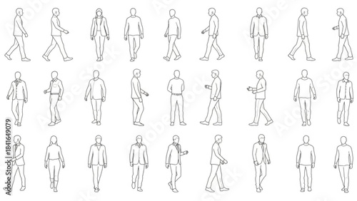 Line drawings of people walking in various poses and outfits