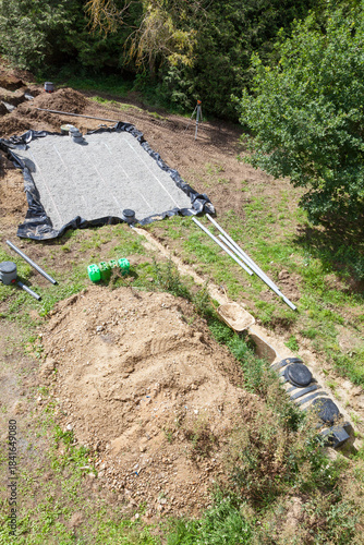Aerial view of new septic tank and sand, gravel filter bed being installed in residential garden, waste water and sewage management, disposal  