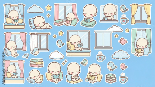 Adorable cartoon baby character stickers engaged in cozy reading, learning, and relaxing moments by windows, accompanied by cute birds and books, perfect for heartwarming designs