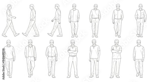 Collection of various men in different poses and outfits vector illustration