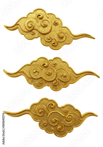 three intricate east asian xiángyún cloud motifs rendered in highly reflective, polished metallic gold texture, isolated on a seamless white background, luxurious cultural heritage concept