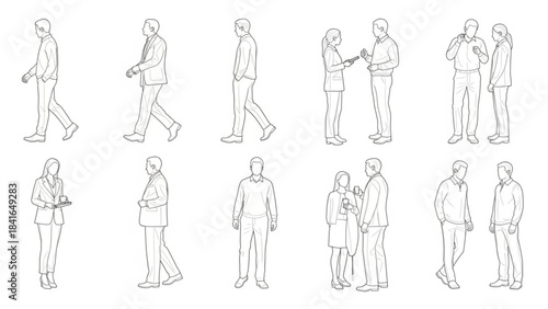 Set of various people standing and walking in different poses and outfits