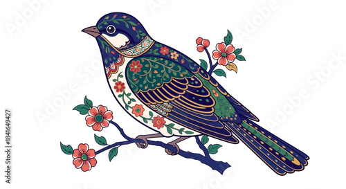 Ornamental songbird perched on blossoming branch amidst decorative foliage design