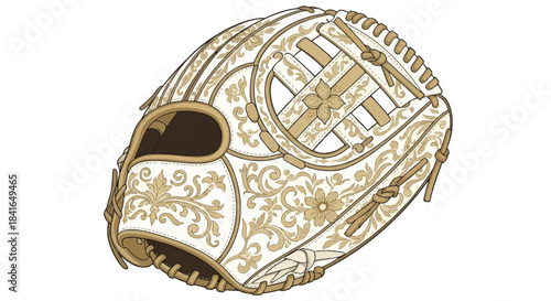 Ornate baseball glove illustration on white showcases detailed floral motifs and design