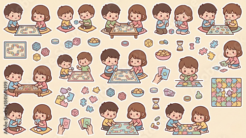 Cute Cartoon People Playing Board Games and Card Games, Enjoying Leisure Time Together