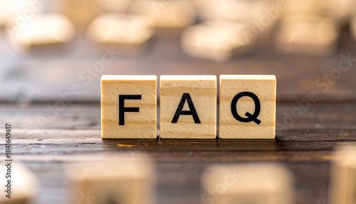 FAQ (Frequently Asked Questions) Spelled on Wooden Blocks on Dark Wood Table