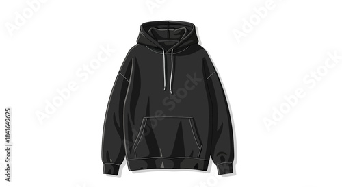 Stylized black hoodie illustration isolated on white background featuring soft shadows and clean