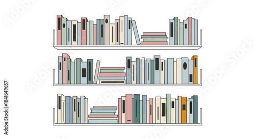 Stylized Bookshelf Illustration with Pastel Colors and Minimalist Design Depicting Knowledge