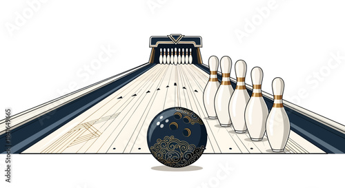 Stylized bowling alley illustration with ornate ball and pins ready for some fun and sport