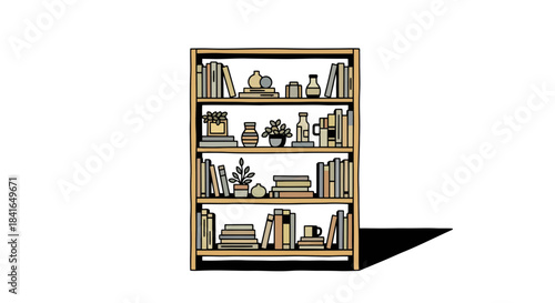 Stylized bookshelf illustration with books, plants and decorative objects display shelf