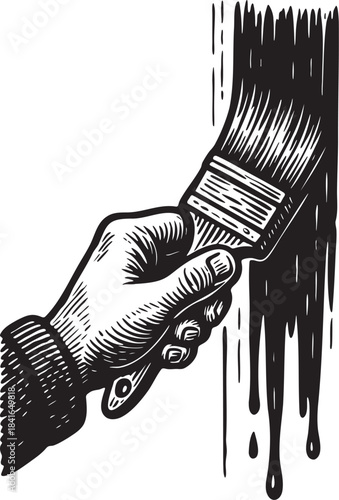 Hand painting with brush creating bold dripping strokes in expressive linocut vector engraving style