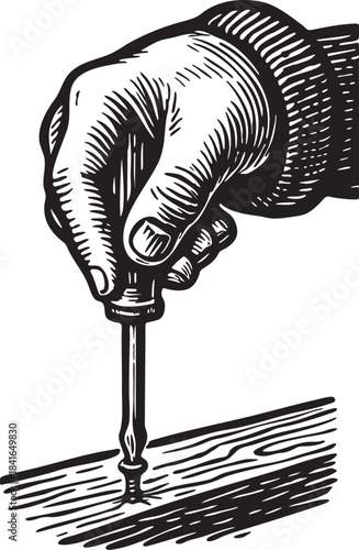 Hand using screwdriver tightening screw in classic linocut engraving style for construction and repair themes