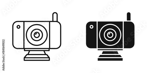 Simple line art and silhouette icons of a security camera
