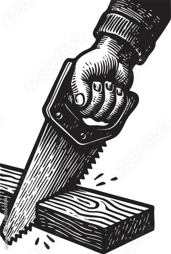 Hand sawing wood in bold linocut style woodworking tool illustration for construction and craft design