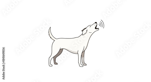 Stylized illustration featuring a dog howling with sound waves emanating from its mouth