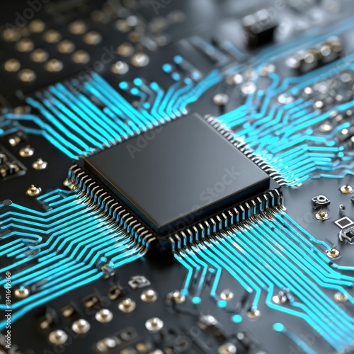 Black Circuit Board with Central Microchip and Blue Glowing Traces