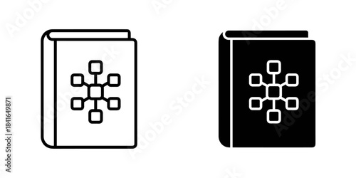 Two stylized book icons with a network or connection symbol on their covers