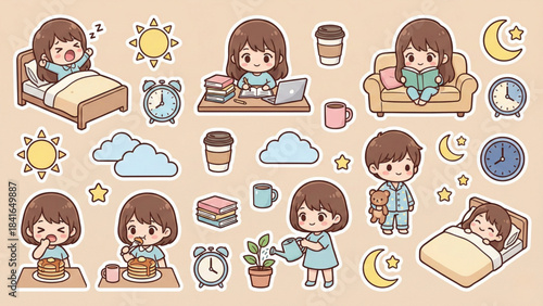 Adorable chibi-style illustrations of a girl enjoying daily activities throughout the day and night