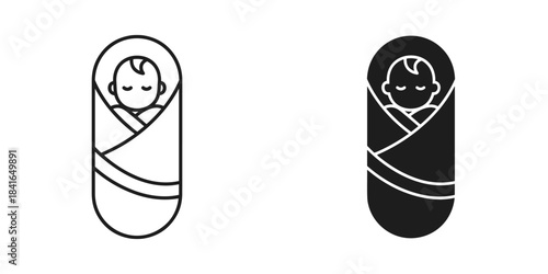 Simple line art and silhouette icons of a newborn baby wrapped in a swaddle