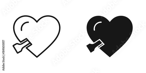 Heart pierced by arrow icon in outline and solid black silhouette