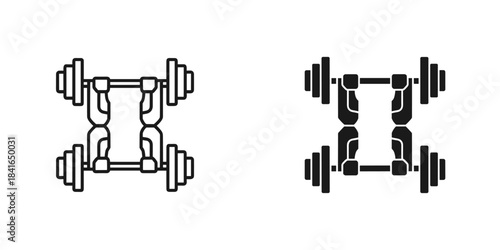 Two stylized icons of adjustable dumbbells for fitness and weightlifting