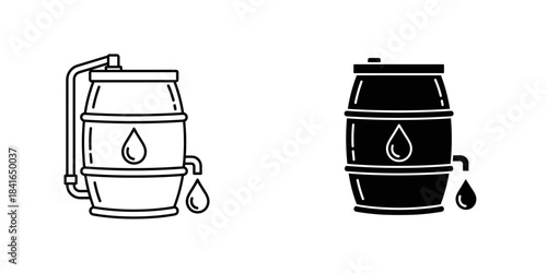 Two stylized illustrations of an oil barrel one in black and white outline and one in solid black