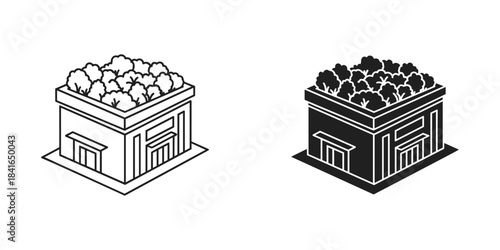 Isometric illustration of a building with a green roof in outline and silhouette styles