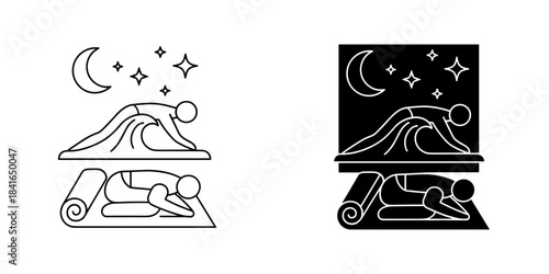 Islamic prayer at night with moon and stars depicted in two styles