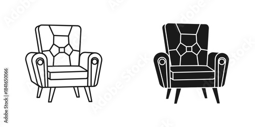 Hand drawn illustration of a classic armchair in black and white outline and silhouette