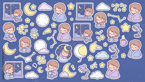 Whimsical Collection of Nighttime Comfort Illustrations Cozy Scenes of Stargazing, Sleeping, and Dreaming Under the Moonlight