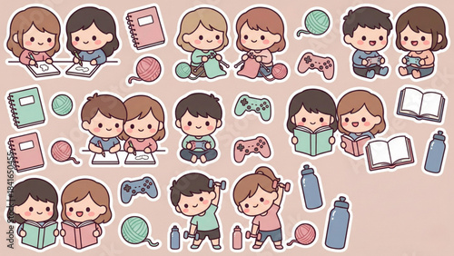 Charming collection of adorable chibi characters engaged in diverse daily activities, showcasing hobbies, learning, and fun, perfect for youthful projects and educational themes