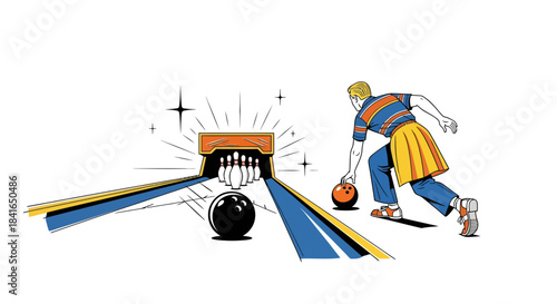 Retro bowling illustration featuring a stylish bowler in action for vintage fun