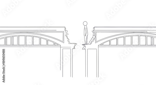 Precarious perch: A stick figure contemplates the abyss on a crumbling bridge