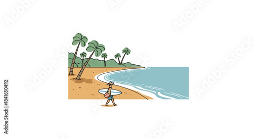 Serene beach scene with surfer walking along shore and palm trees under the sunlight