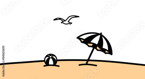 Stylized beach scene with umbrella, beachball and seagull evoking a tranquil getaway ambiance