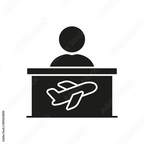 Airport Check-In Counter Solid Icon. Travel Assistance And Baggage Handling Silhouette Symbol. Airport Service Desk, Flight Boarding, And Airline Customer Support. Isolated Vector Illustration