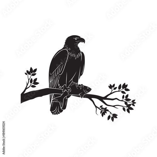 Majestic eagle perching on a sturdy branch holding its fresh catch, a fish, in its powerful talons