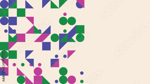 Playful geometric shapes create a vibrant and dynamic abstract pattern with a sense of organized chaos.