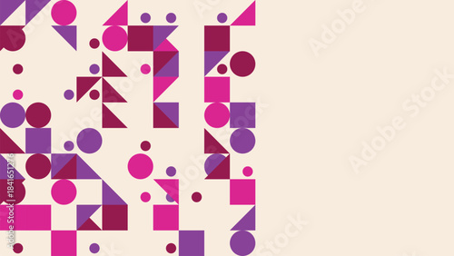 Abstract geometric pattern with circles, squares, and triangles in vibrant pink and purple hues.