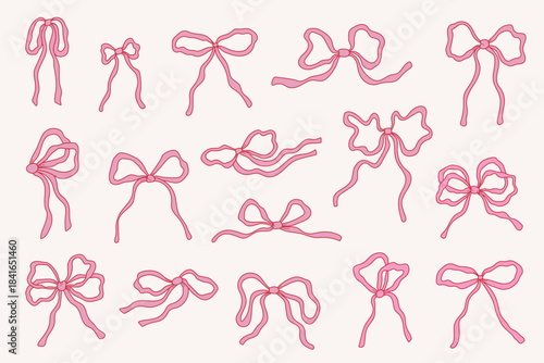 Cute seamless pattern with hand-drawn pink ribbon bows on a soft background. Delicate girly design for packaging, stationery, fabric, and holiday decor.