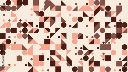 Abstract geometric pattern with warm tones, combining circles, squares, and triangles for a modern, playful design.