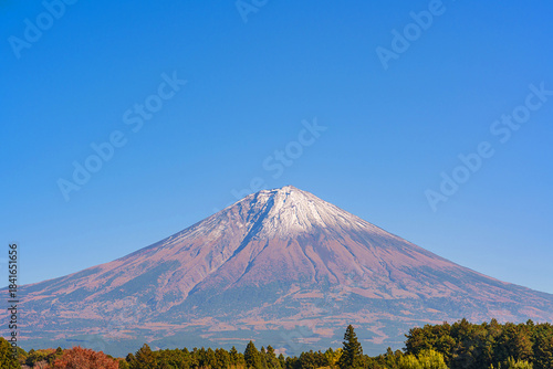 View of Mount Fuji with morning sunlight during the autumn season in Yamanashi, Japan.