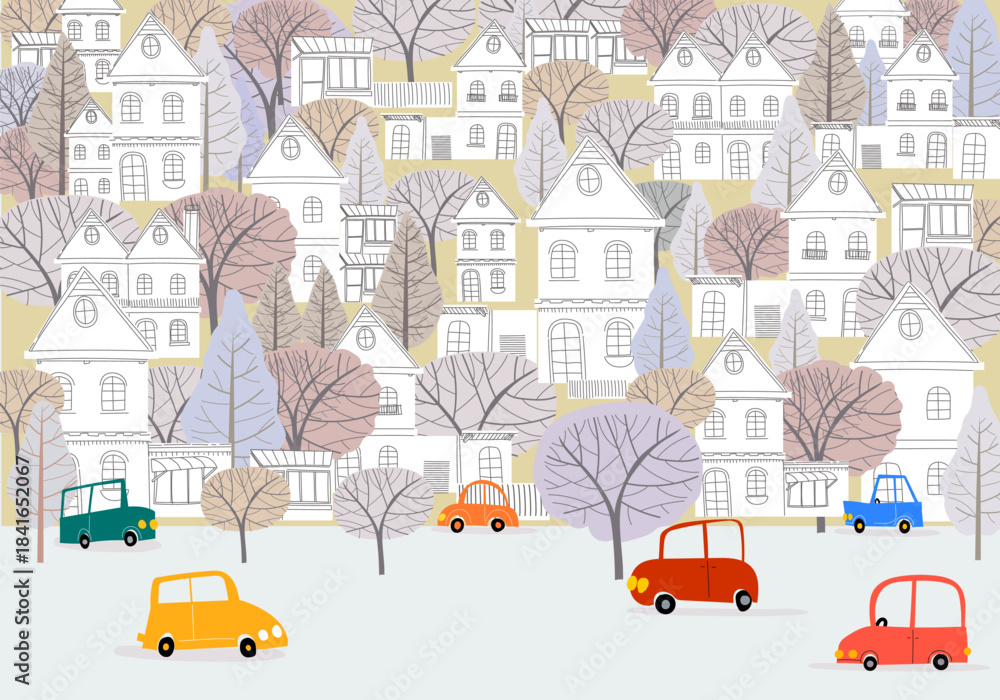 Naklejka premium Cartoon cityscape with cars vehicle in city road traffic on winter illuatration. Cute childish hand drawn style simple colors.