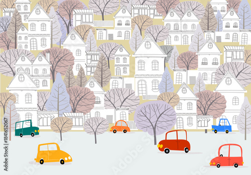 Cartoon cityscape with cars vehicle in city road traffic on winter illuatration. Cute childish hand drawn style simple colors.