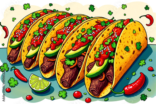 illustration of five delicious tacos with beef, avocado, salsa, cilantro, lime, and chili peppers, vibrant colors, playful design, Mexican food concept