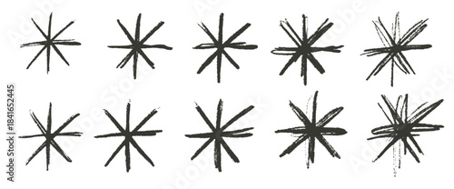 Asterisk star icon scribble brush. Snowflakes simple handwritten shape elements set. Abstract crayon pencil stars collection. Uneven ink stroke snow flakes. Simple blink symbols. Vector illustration.