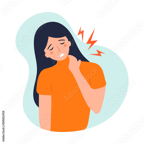 Young woman  has fatigue and pain in her shoulder and neck muscles. Vector