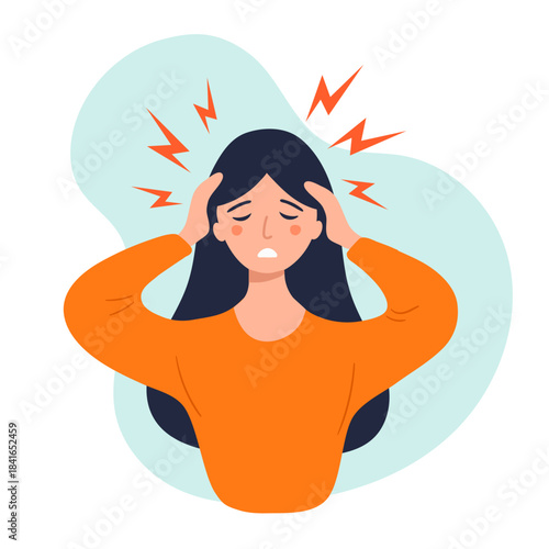 Woman with dark hair experiencing  headache holding her Temples Pain Stress migraine. Template for background, banner, card, poster. Vector